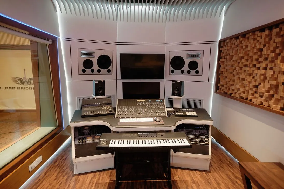 Main monitor room with Augspurger monitors and mixing desk