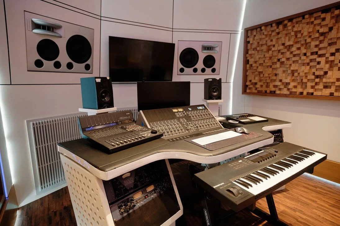 Monitor room console and near-field speaker setup